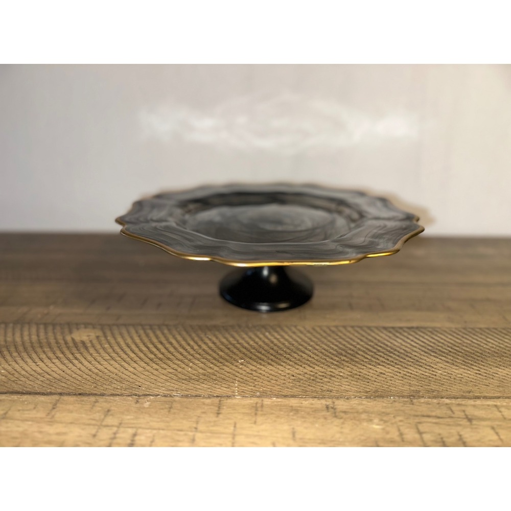 Black Grey Marble Glass Cake Stand Scalloped Gold Rim Pedestal 12 Inch